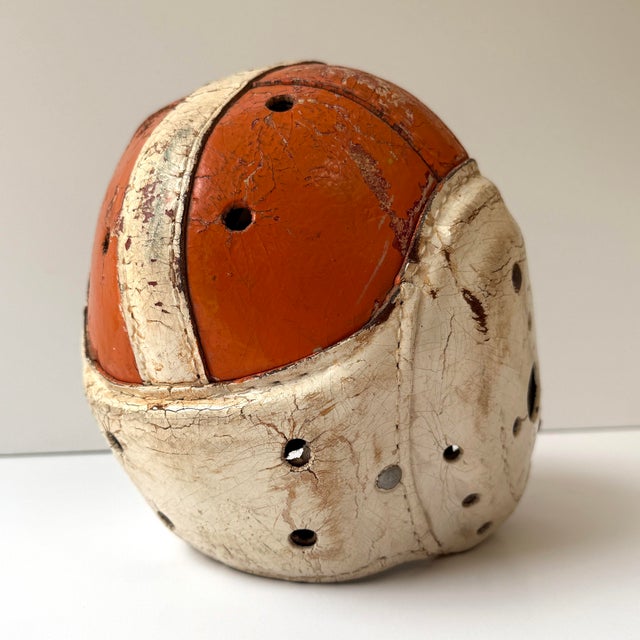 1940s Antique Leather Football Helmet - Orange & White For Sale - Image 5 of 9