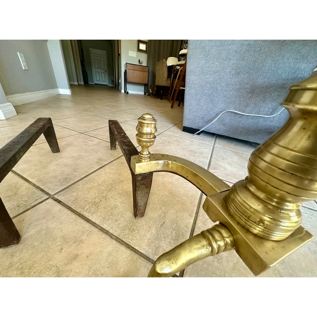 Pair Large Federal Beehive Ball Claw Brass Andirons For Sale - Image 13 of 18