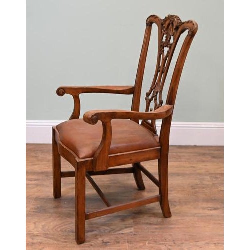 Chippendale Style Carved Armchair with Brown Upholstered Seat For Sale - Image 4 of 7