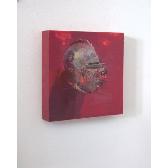 Contemporary Red Rooster by Elena Burykina | Oil on panel Portrait of a rooster with a metallic helmet. For Sale - Image 3 of 5