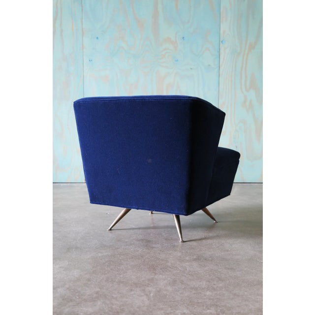 Metal 1950s Henry P Glass Swivel Lounge Chairs Blue Mohair on Brass Legs Jl Chase Co. - A Pair For Sale - Image 7 of 12