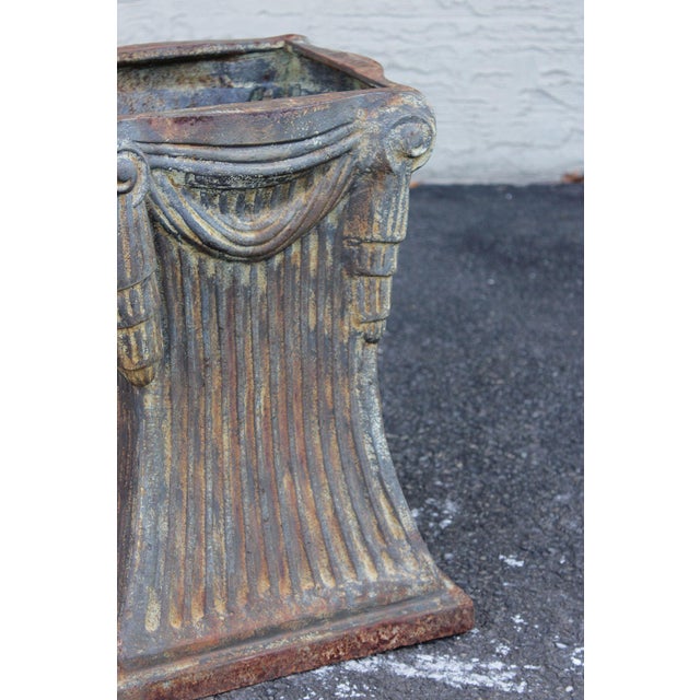 Metal Neoclassical Style Pair Of Cast Iron Garden Planters Or Pedestal Bases For Sale - Image 7 of 16