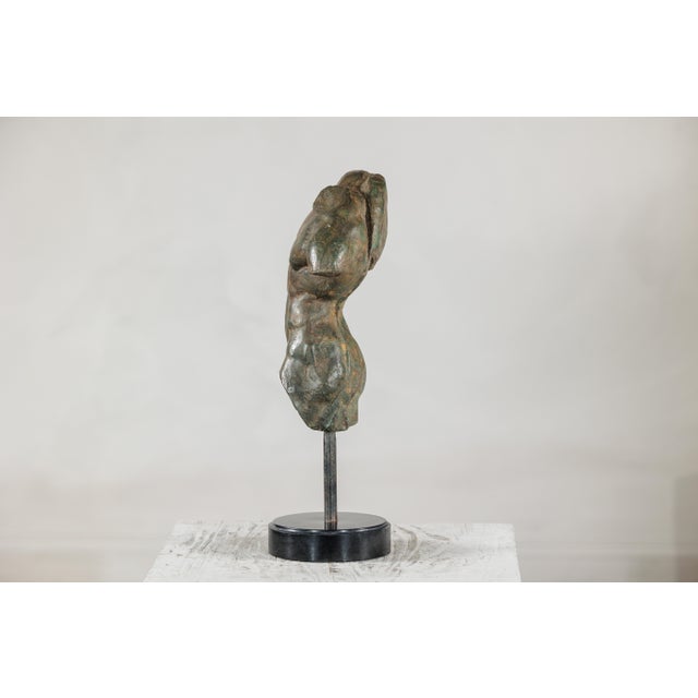 Late 20th Century Small Male Torso Bronze Sculpture on Circular Marble Base For Sale In New York - Image 6 of 15
