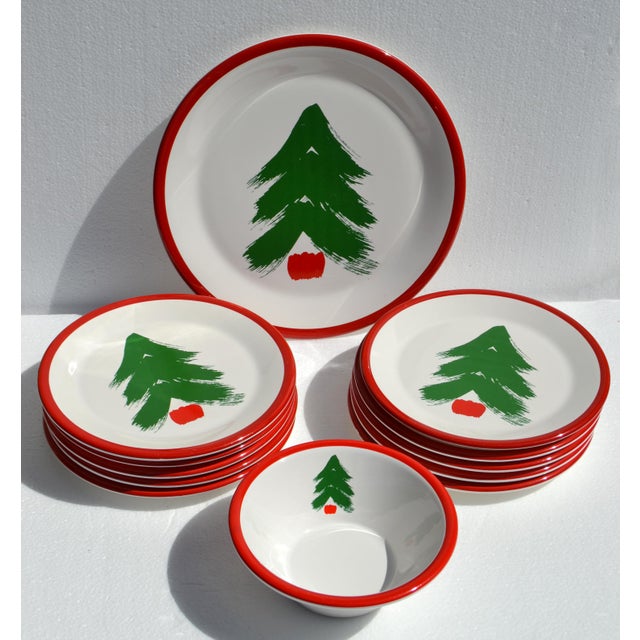 Late 20th Century Set 12 Pfaltzgraff Marimekko Oy Christmas Tree Red Band Design Dinnerware Late 20th Century For Sale - Image 5 of 16