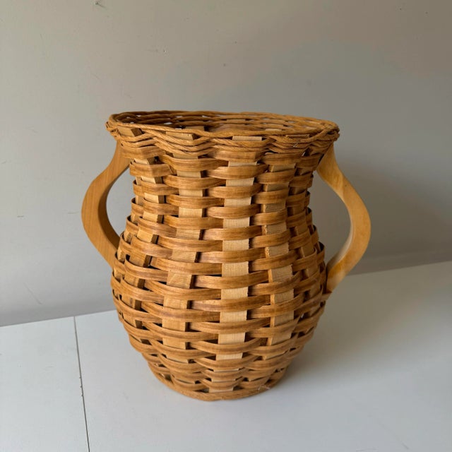 Vintage oversized handwoven double handled wood basket style vase. Natural untreated wood.