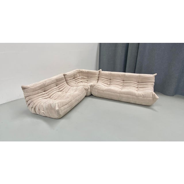 Mid-Century Modern French Togo Living Room Set in Beige Cord by Michel Ducaroy for Ligne Roset, Set of 3 For Sale - Image 3 of 13