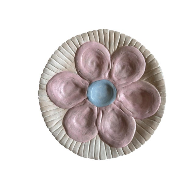 Pink Vintage Hand-Painted Ceramic Oyster Serving Platter Pink Oyster Plate With Center Sauce Well Coastal Cottage Entertaining For Sale - Image 8 of 9