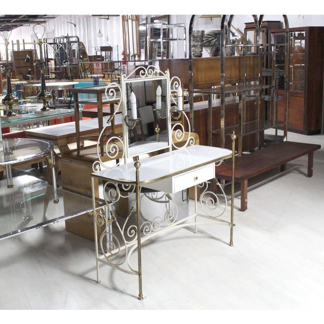 Decorative Vanity Dressing Table Milk Glass Top Metal Scroll Brass Hardware MINT. Adjustable mirror, scones lights, brass...