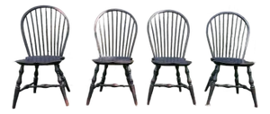 Vintage Windsor Style Black Painted Bow Back Dining Chairs by Crouse. - Set of 4