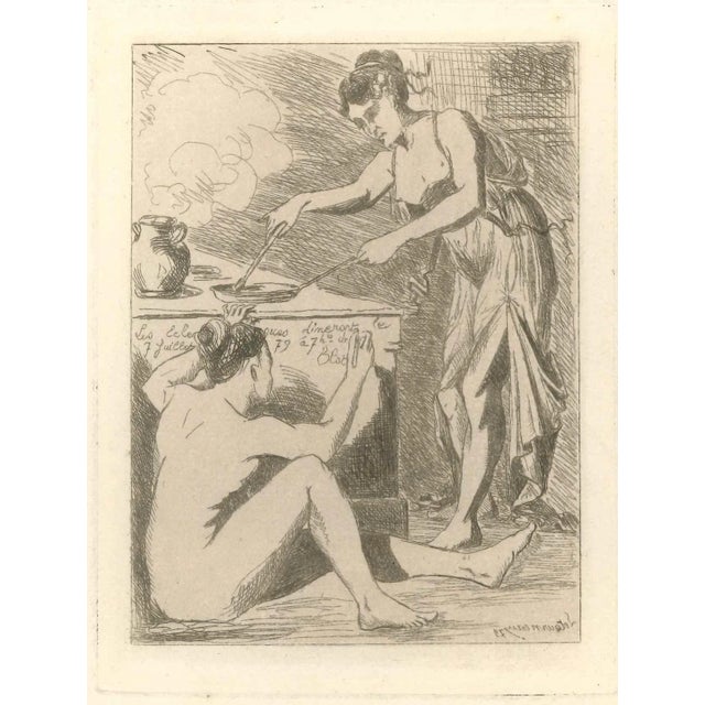 Le dîner is a very precious and rare original etching before letter, by Louis-Alexis Letoureau. Signed on plate on lower-...