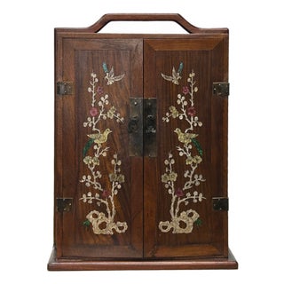 Chinese Brown Wood Mother of Pearl Motif Drawers Box Chest For Sale