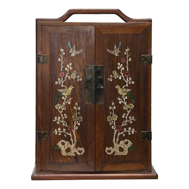 Chinese Brown Wood Mother of Pearl Motif Drawers Box Chest For Sale