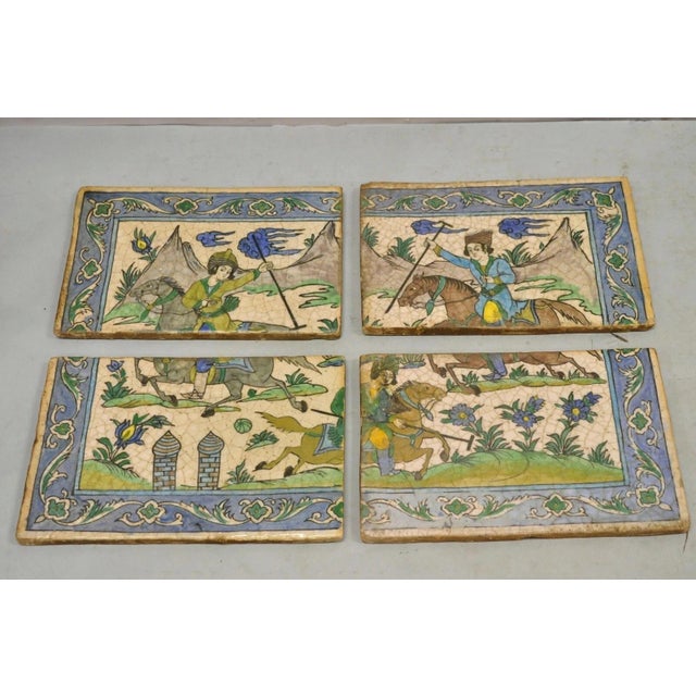 Antique Persian Iznik Qajar Style Ceramic Pottery Tile Mosaic Polo Players C7 For Sale - Image 10 of 11