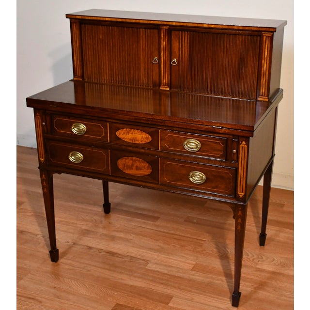 1920 Antique English Edwardian Mahogany Inlaid Secretary / Tambour Writing Desk For Sale - Image 13 of 13