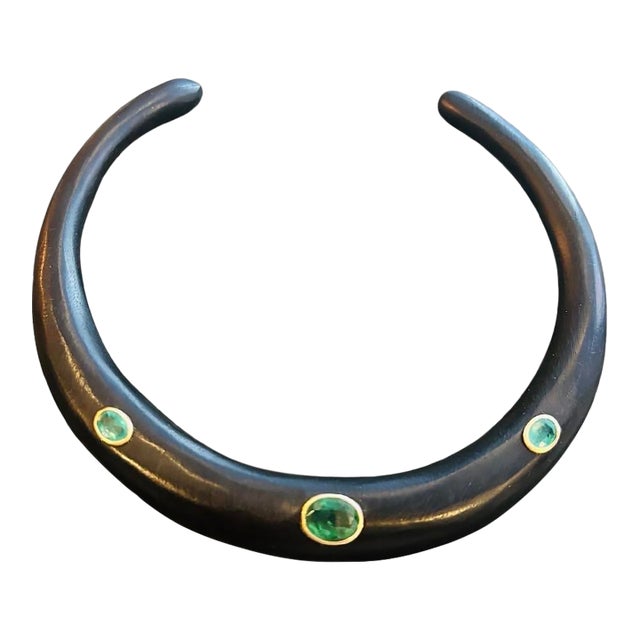 Wood Necklace With Emeralds & 14k Gold For Sale