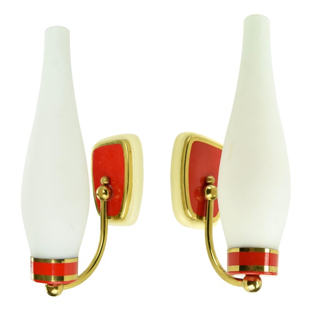 Glass and Brass Wall Sconces in the style of Stilnovo, 1960s, Set of 2 For Sale
