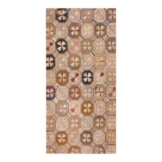 1900s Multicolor Geometric Antique American Hooked Rug 4'2" X 8'10" Handknotted Wool Carpet For Sale