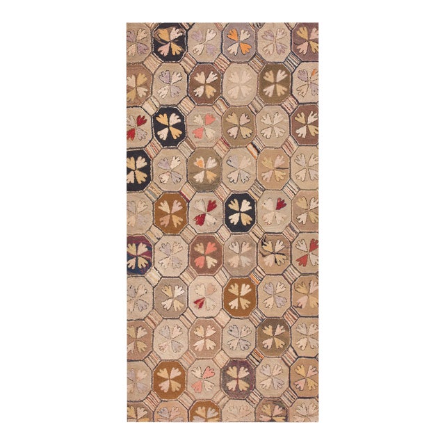 1900s Multicolor Geometric Antique American Hooked Rug 4'2" X 8'10" Handknotted Wool Carpet For Sale
