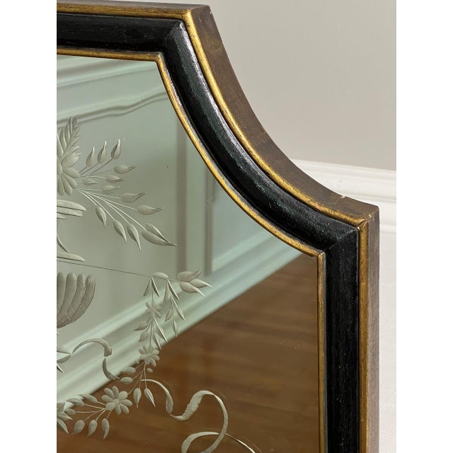 Black Queen Anne Style Mirror, Etched and Beveled in Ebonized Parcel Gilt Frame, 1940s For Sale - Image 8 of 12