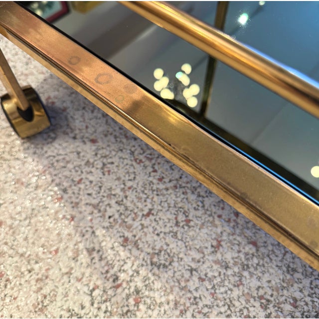 Brass Vintage Brass and Smoked Glass Rolling Bar Cart For Sale - Image 8 of 10