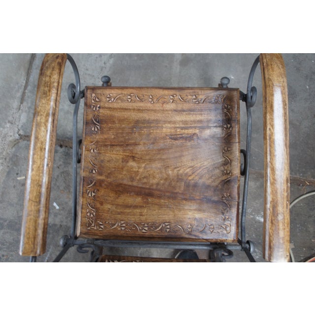 Late 20th Century British Colonial Style Wrought Iron Carved Mahogany Rocking Armchair For Sale - Image 12 of 12