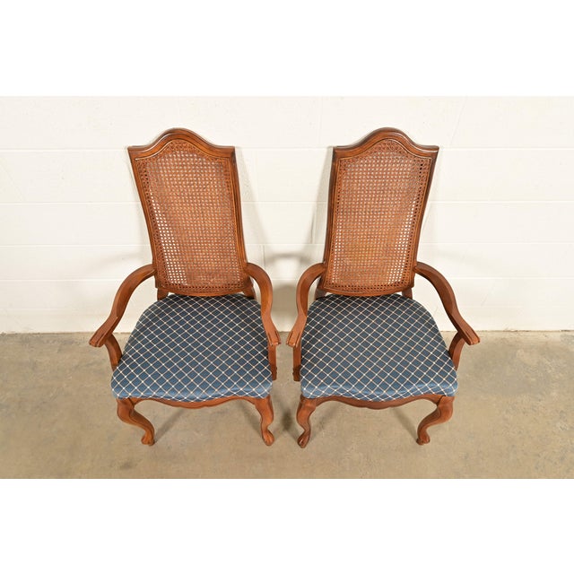 1960s Baker Furniture Style French Provincial Louis XV Carved Walnut and Cane Back Armchairs, Pair For Sale - Image 5 of 14