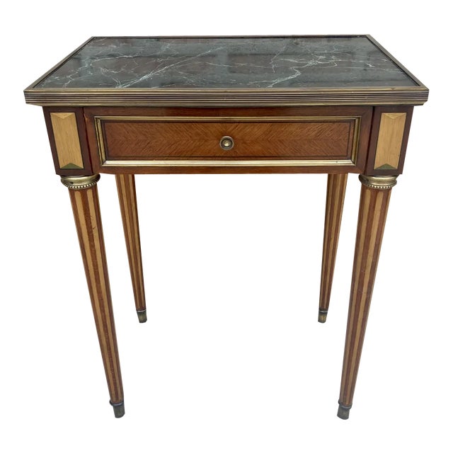 Neoclassical Mahogany Side Table with Fluted Legs and Green Marble, 1920s For Sale