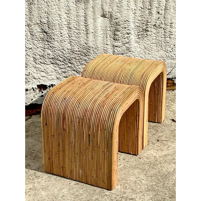 Vintage Coastal Pencil Reed Waterfall Side Table - a Pair For Sale In West Palm - Image 6 of 10