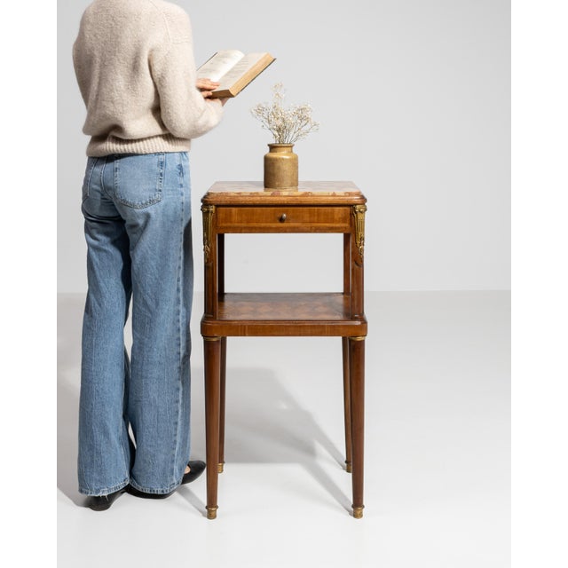 Wood Louis XVI Marble-Top Side Table with Brass Details, Neoclassical Style, France, 19th Century For Sale - Image 7 of 13