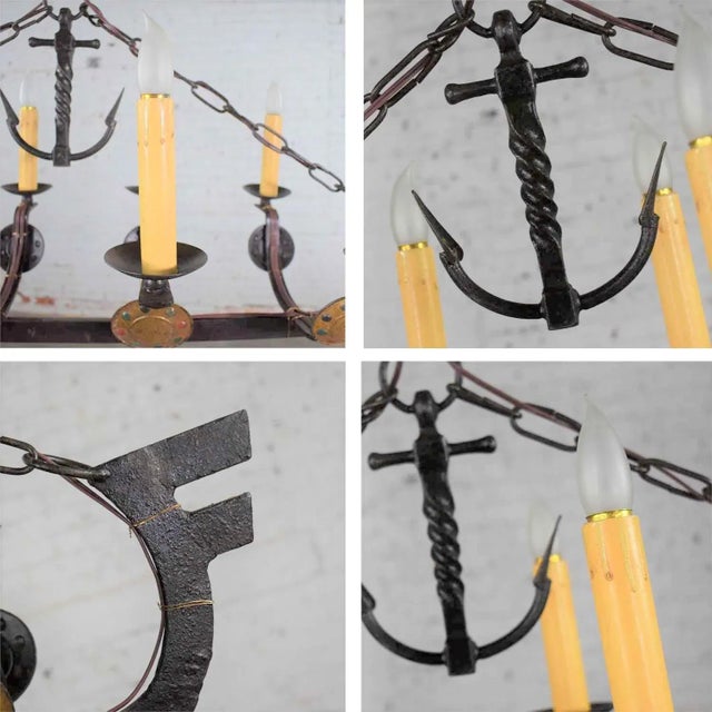 Antique Gothic or Spanish Revival Style Cast Iron Chandelier Viking Longboat Ship With Horse Head and Shields For Sale - Image 6 of 13