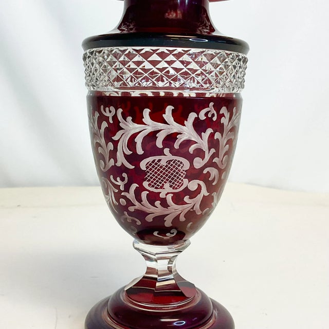 Antique Czechoslovakia Bohemian Ruby-Clear Etched Crystal Vase. For Sale - Image 4 of 11