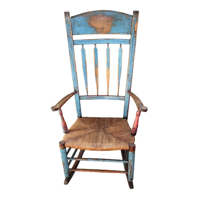 Painted Blue and Red Primitive Ladder Back Rocking Chair, in Original Paint Colors, 19th Century For Sale