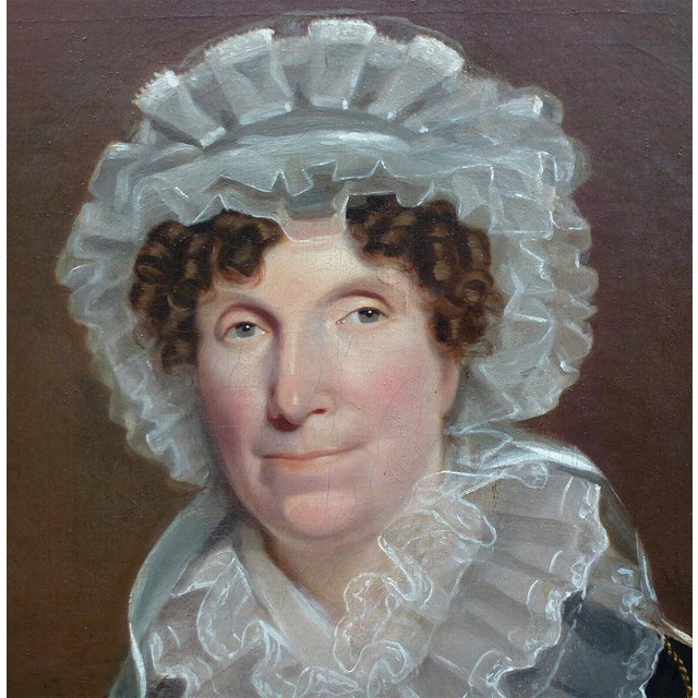 Early 19th Century Huge Antique French Oil Painting Portrait, c.1800 Woman in Lace Bonnet, Red Shawl, Heavy 38" X 34" Wood Frame For Sale - Image 5 of 12