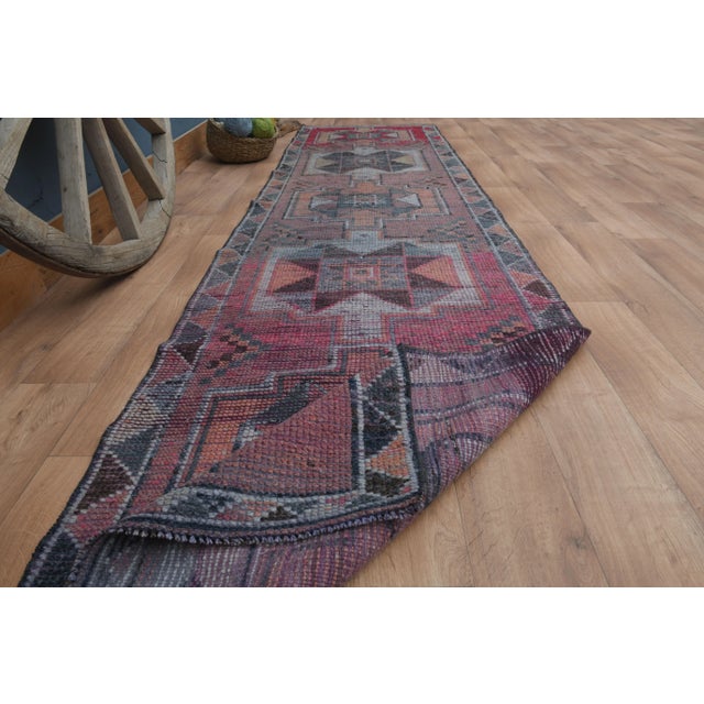 Rustic 1970s Vintage Turkish Handmade Wool & Cotton Purple Runner Rug For Sale - Image 3 of 11