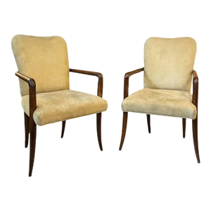 1950s Pair of Mid-Century Modern UltraSuede and Oak Sabre Leg Armchairs