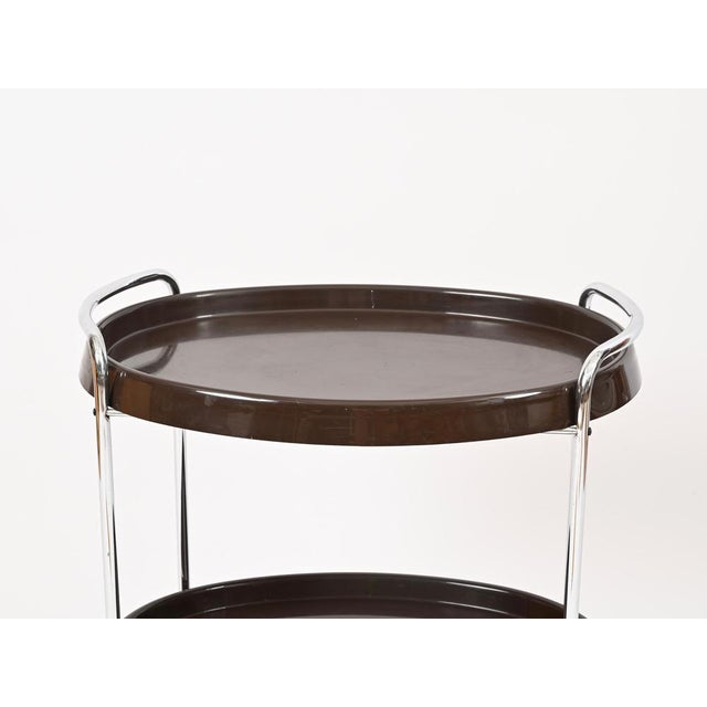 Metal Mid-Century Italian Oval Bar Cart in Chrome and Brown ABS, 1970s For Sale - Image 7 of 14