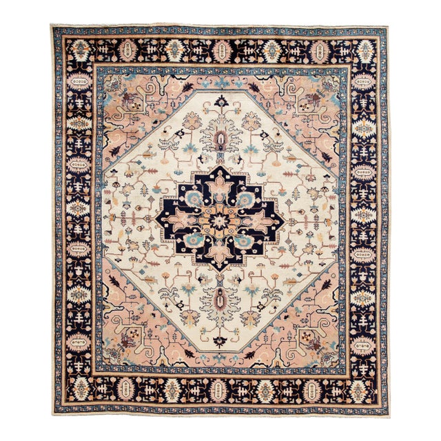 Vintage Persian Heriz Handmade Ivory Medallion Wool Rug For Sale