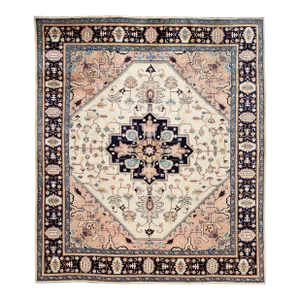 Vintage Persian Heriz Handmade Ivory Medallion Wool Rug