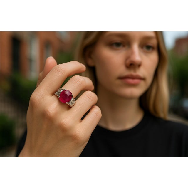 Gia Certified No Indication of Heating Burma Cabochon Ruby Diamond Platinum Ring, Size 5 For Sale In New York - Image 6 of 9