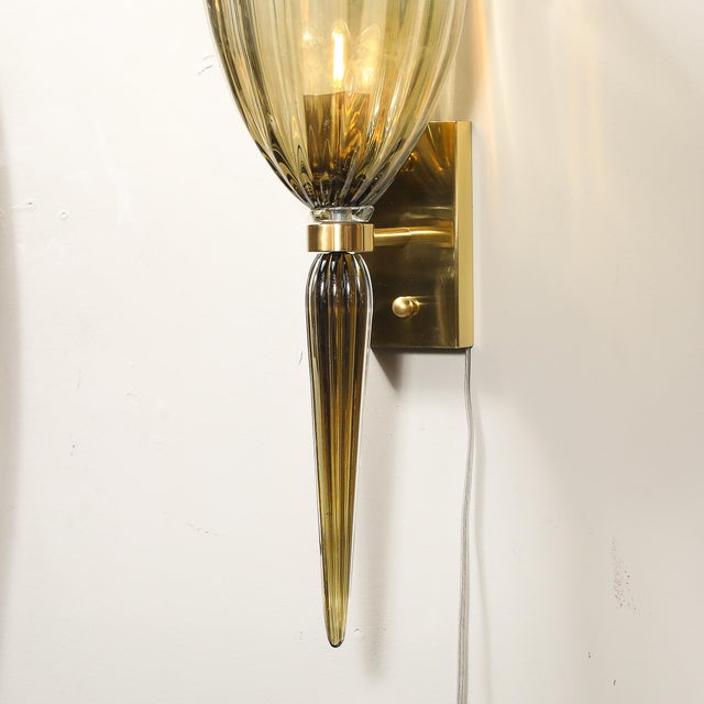 Modernist Hand-Blown Murano Iridescent Smoked Emerald Fluted Glass Sconces For Sale In New York - Image 6 of 13