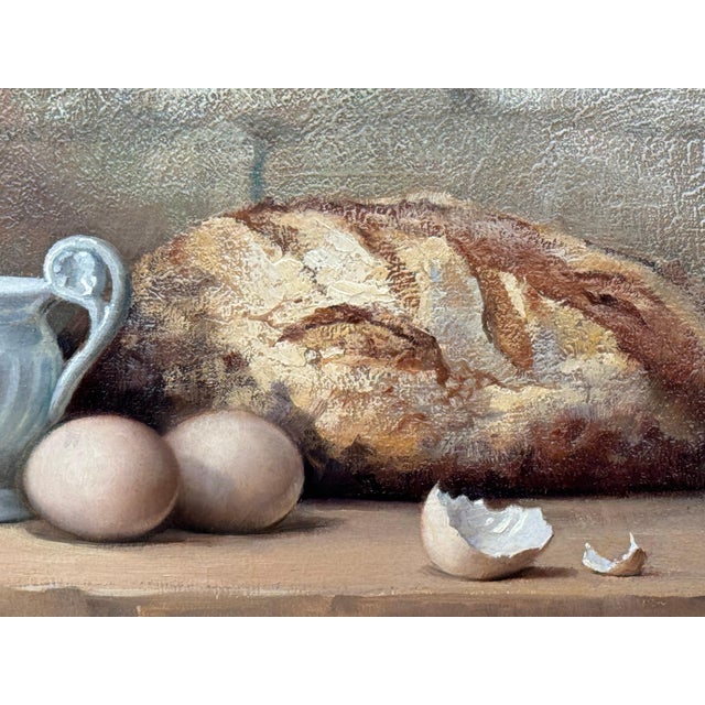 Textile Still Life with Fruit & Bread Rustic French Farmhouse Interior by French Artist 1992 Circa For Sale - Image 7 of 18