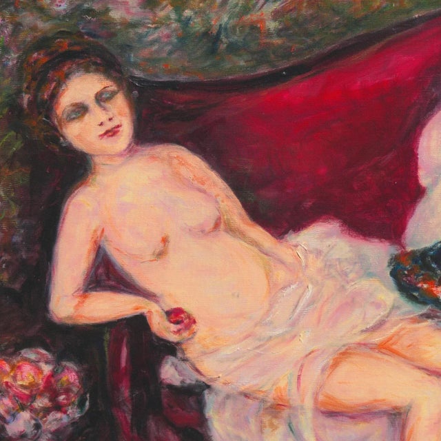 Scarlet 'Woman Reclining on a Chaise Longue' by Vivian Ruth Huebler, Mid-Century San Francisco Woman Artist, Large Oil For Sale - Image 8 of 10