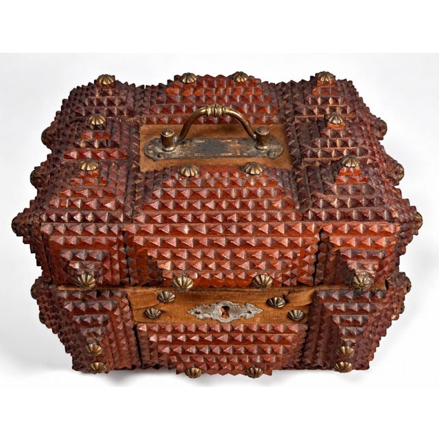 Wood Antique European Tramp Art Keepsake Box With Red Velvet and Brass Details For Sale - Image 7 of 7