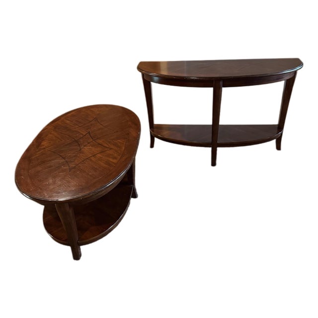 Set of 2 Solid Cherry Wood Tables With Walnut Inlays - One Coffee and One Console For Sale