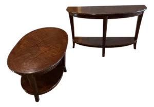 Set of 2 Solid Cherry Wood Tables With Walnut Inlays - One Coffee and One Console