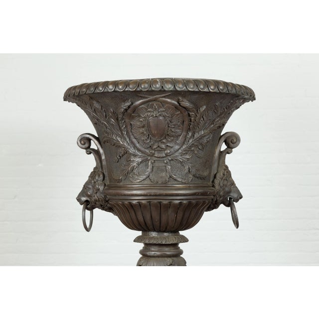 Metal Tall Custom Made Cast Bronze Urn on Pedestal with Lion Head Handles For Sale - Image 7 of 13