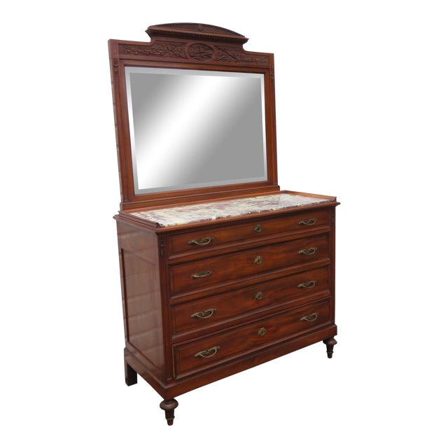Eastlake Victorian Early 1880s Marble Top Large Dresser With Mirror