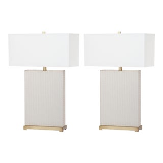 27.75-Inch H Faux Woven Leather Table Lamp in Cream - a Pair For Sale