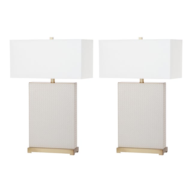 27.75-Inch H Faux Woven Leather Table Lamp in Cream - a Pair For Sale