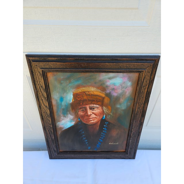 Native American Portrait Painting on Canvas -Signed For Sale - Image 10 of 12